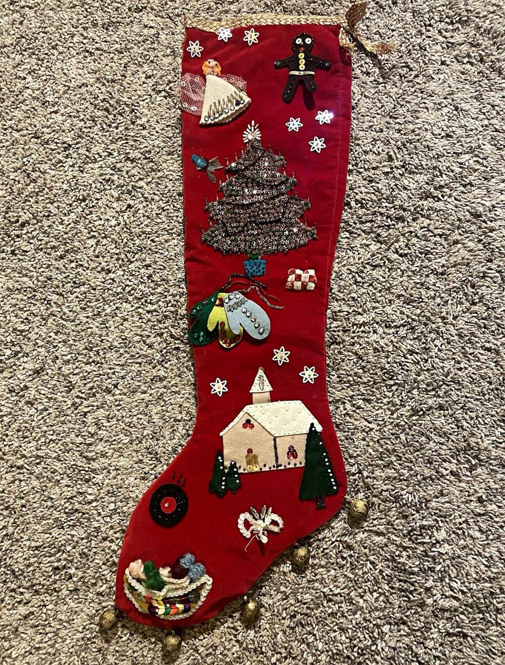 Vintage Handmade Red Velvet Christmas Stocking Embellished Beaded 1950s Decor